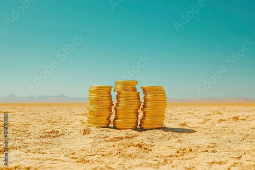 Three Stacks of Gold Coins in a Desert Landscape photo