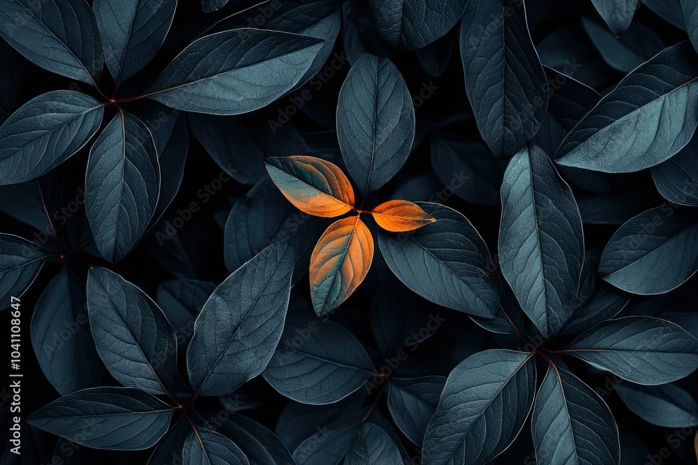 A Single Orange Leaf Amidst a Dark Green Foliage A Single Orange Leaf Amidst a Dark Green Foliage