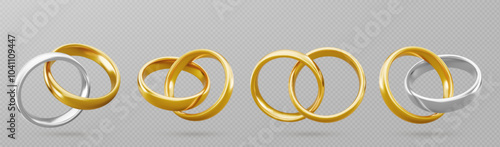 Gold and silver couple ring. 3d marriage jewelry vector. Two golden wedding jewel object. Realistic wife and husband celebration symbol. White platinum married circle pair for event. Romance gift