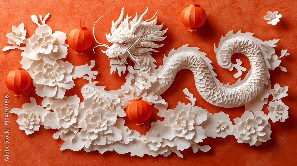 Papercut design showing red lanterns and a detailed dragon dance, set against a vibrant Lunar New Year festival background Papercut design showing red lanterns and a detailed dragon dance, set against a vibrant Lunar New Year festival background