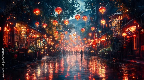 Watercolor depiction of a street lined with red lanterns and a dragon dance  filled with the festive spirit of Chinese New Year