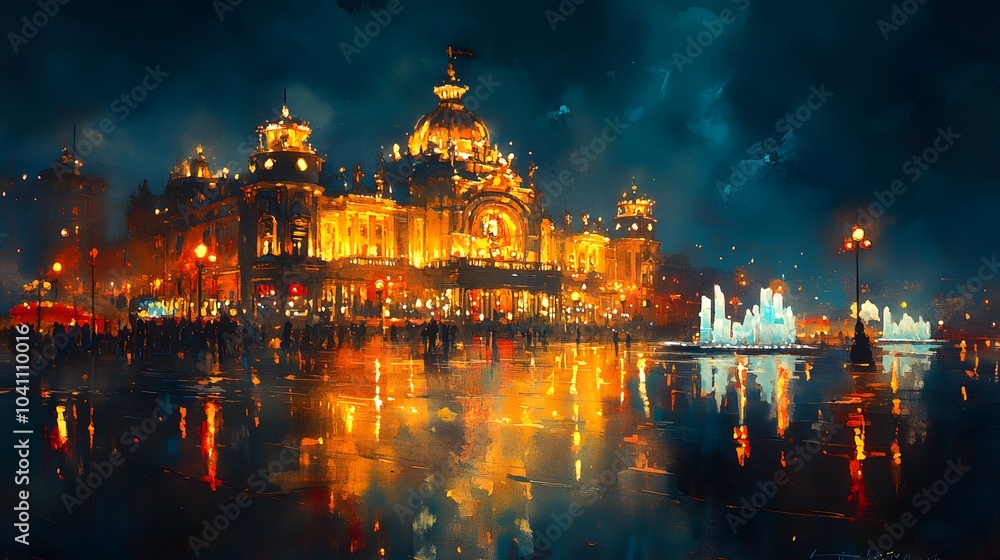 Obraz premium Watercolor painting of the Harbin Ice Festival, with glowing ice sculptures and vibrant lights reflecting off the frozen structures