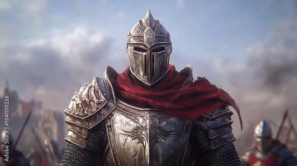 A knight in full armor stands in front of his army, ready for battle. A knight in full armor stands in front of his army, ready for battle.