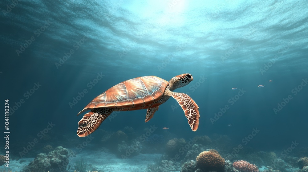 Obraz premium Sea turtle swimming gracefully in clear blue ocean water.