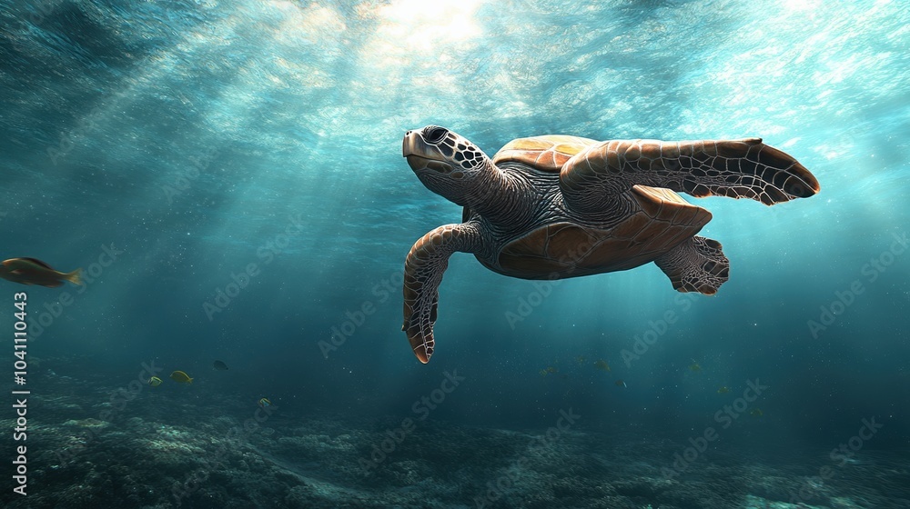 Obraz premium Sea turtle swimming gracefully under water with sunlight rays filtering through.