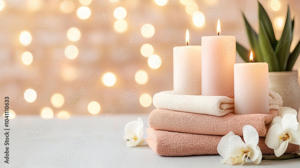 Serene spa setting with candles, towels, and flowers on a soft background. Serene spa setting with candles, towels, and flowers on a soft background.