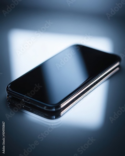 Sleek Black Smartphone on Reflective Surface