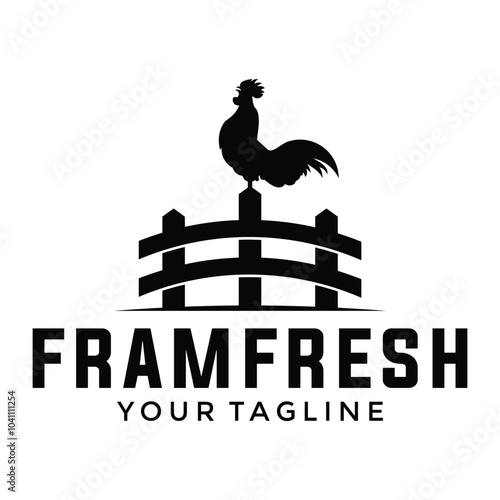 Chicken farm logo, rooster on fence vintage logo design vector illustration