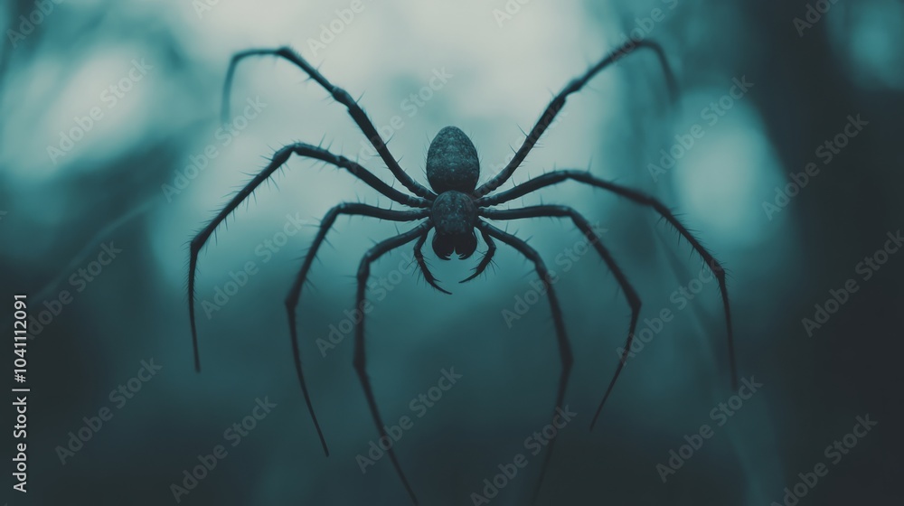 A large spider with long legs and a hairy body sits in a dark forest. A large spider with long legs and a hairy body sits in a dark forest.