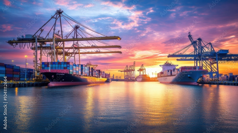 A modern port at dawn with vibrant cranes and cargo ships bathed in the first light of day, symbolizing the ongoing growth of global trade, photography style A modern port at dawn with vibrant cranes and cargo ships bathed in the first light of day, symbolizing the ongoing growth of global trade, photography style