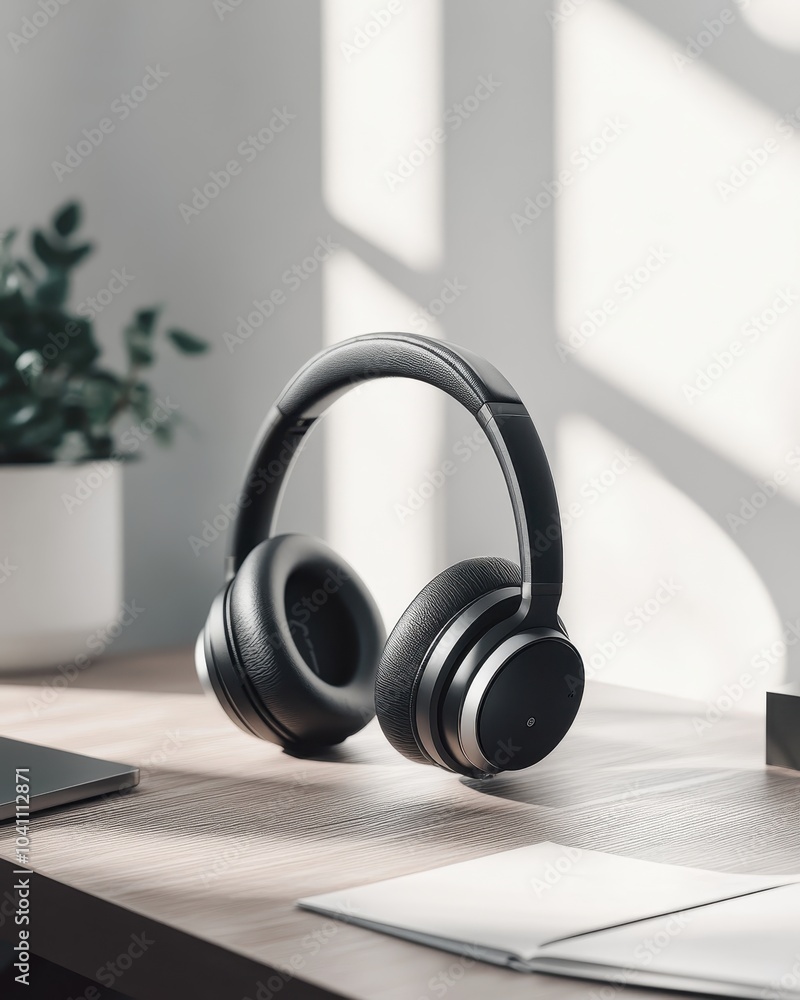 Modern Desk Setup with Stylish Headphones Modern Desk Setup with Stylish Headphones