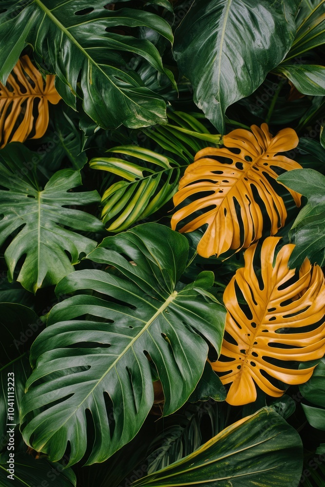 Close-up of Lush Green and Golden Monstera Leaves Close-up of Lush Green and Golden Monstera Leaves