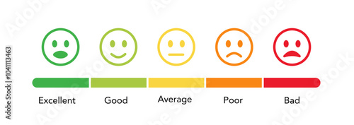 Emotion levels on scale different faces icon. Smiley rating icon set. Rating emojis set in different colors outline. Happy and sad emoji.