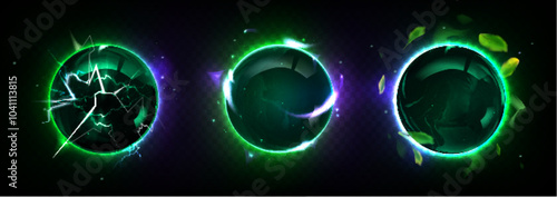 Green and purple magic glowing balls with light effect. Realistic 3d vector illustration set of fantasy power sphere with thunderbolt and fire flames, plasma and sparkles. Fantasy lightening orb.