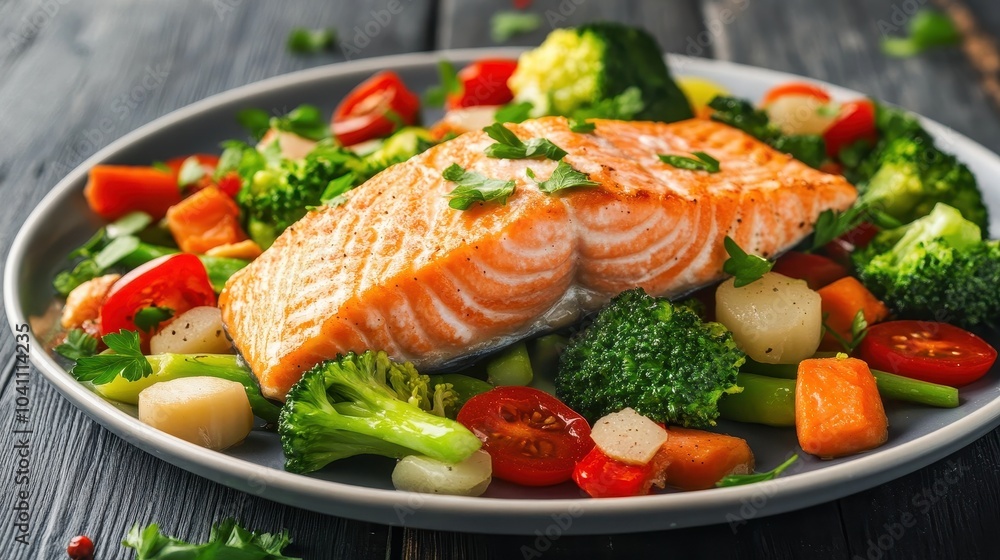 A delicious plate of grilled salmon served with fresh vegetables, showcasing vibrant colors and healthy eating. A delicious plate of grilled salmon served with fresh vegetables, showcasing vibrant colors and healthy eating.