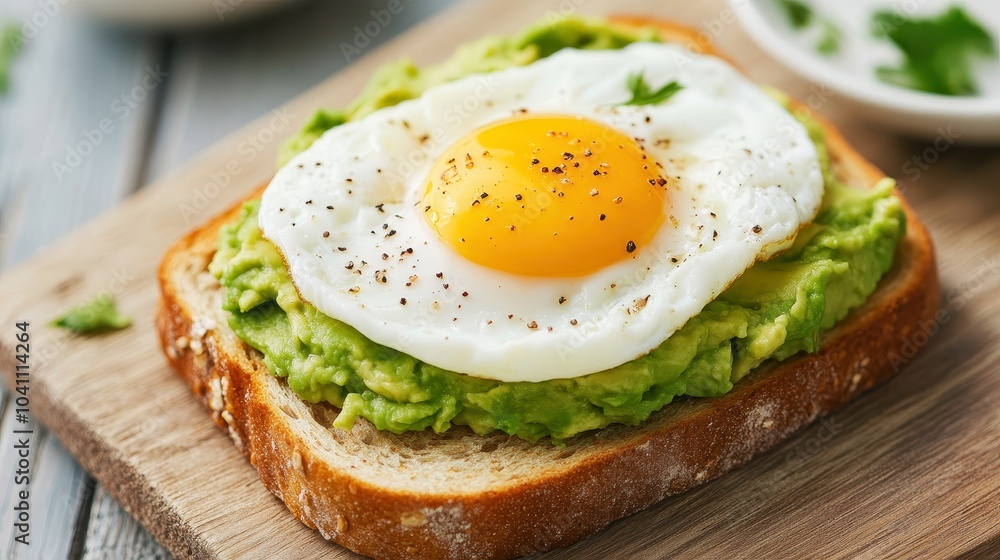 A delicious slice of toasted bread topped with creamy avocado and a perfectly cooked sunny-side-up egg, garnished with pepper. A delicious slice of toasted bread topped with creamy avocado and a perfectly cooked sunny-side-up egg, garnished with pepper.