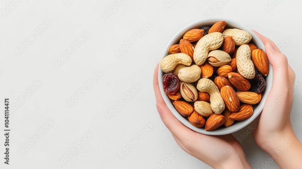 A bowl of mixed nuts held in hands, showcasing a healthy snack option for fitness and wellness enthusiasts. A bowl of mixed nuts held in hands, showcasing a healthy snack option for fitness and wellness enthusiasts.