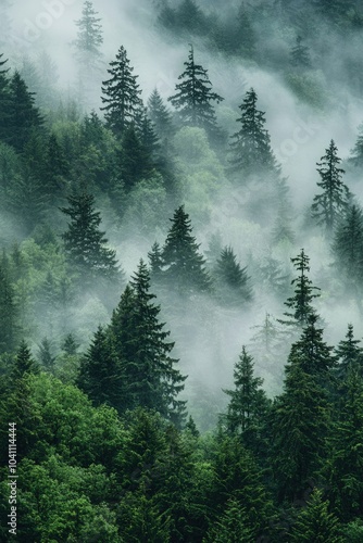 Misty Evergreen Forest with Tall Trees