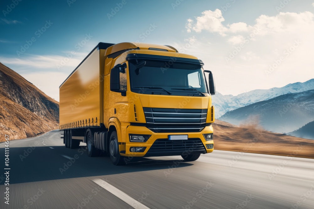 Semi-truck is driving on a mountain road on a sunny day Semi-truck is driving on a mountain road on a sunny day