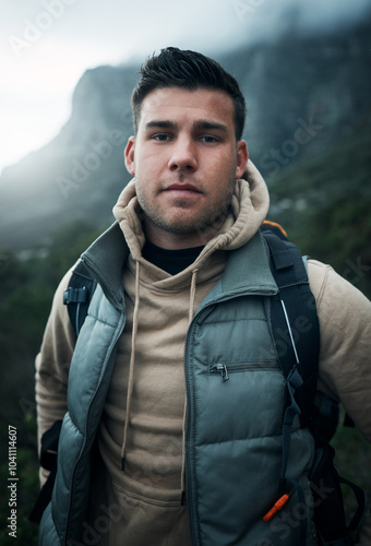 Hiking, health and portrait with man on mountain for explore, travel and adventure. Challenge, wellness and camping holiday with person and trekking in nature for backpacking, fitness and vacation