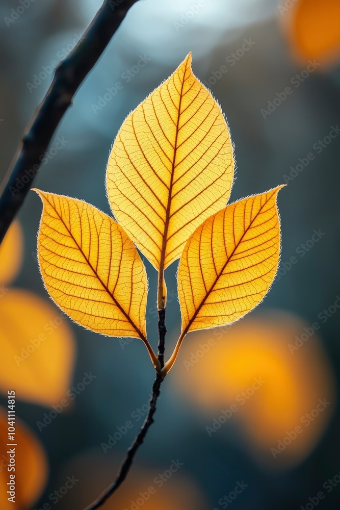 Three Golden Leaves Illuminated by Sunlight on a Branch Three Golden Leaves Illuminated by Sunlight on a Branch