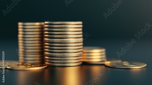 A close-up view of stacked gold coins on a dark surface, symbolizing wealth, investment, and financial growth.