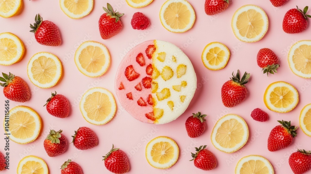 A pink and yellow cake with lemon and strawberries on a pink background. A pink and yellow cake with lemon and strawberries on a pink background.