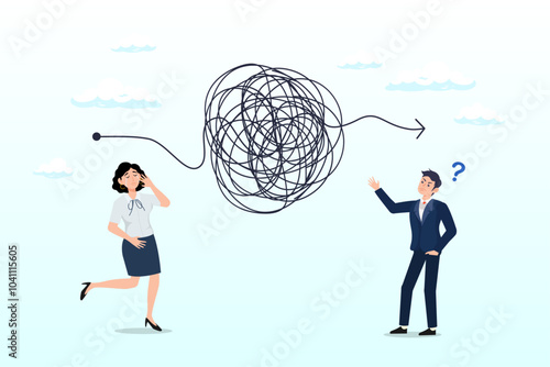 Complicated problem, complexity or difficulty, solving difficult problem, challenge or trouble, thinking or brainstorm for solution concept, business people thinking with chaos messy tangle knot