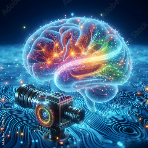 3D Digital Brainwaves Concept - Camera Glides over Visualized Cognition Insights, Neural Pathways Light Up, Full Brain Map Activity Highlighted, AI Interaction Visualization, Isolated Icon on White Ba photo