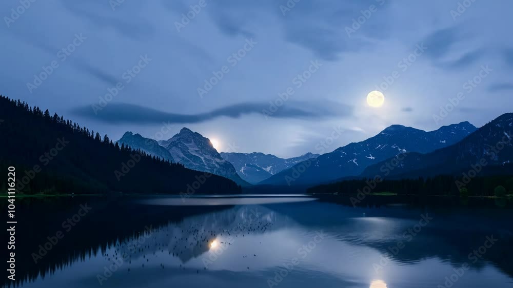 Static wide video of a tranquil moonlit lake surrounded by mountains at night Static wide video of a tranquil moonlit lake surrounded by mountains at night