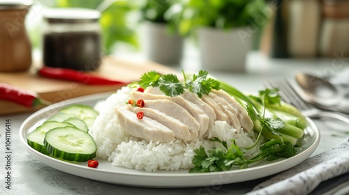 A plate of Hainanese chicken rice with sliced cucumber, cilantro, and red chili peppers.