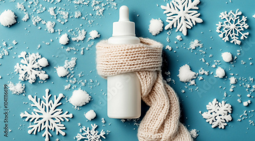 White bottle of nasal drops in a scarf and snowflakes on a blue background with space for text, created with Generative AI technology