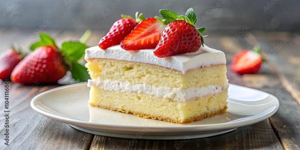A delicate slice of vanilla cake, frosted with creamy white icing and adorned with fresh red strawberries, rests on a pristine white plate, promising a delightful taste sensation. A delicate slice of vanilla cake, frosted with creamy white icing and adorned with fresh red strawberries, rests on a pristine white plate, promising a delightful taste sensation.
