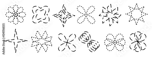 Sparkling and shine object set. Vector illustration of glitter flowers and stars. Black and white linear and dotted abstract elements.