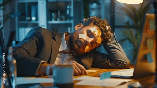 A tired man in a suit, asleep at his desk with sticky notes on his face, under a warm desk lamp, embodying exhaustion and relentlessness. photo