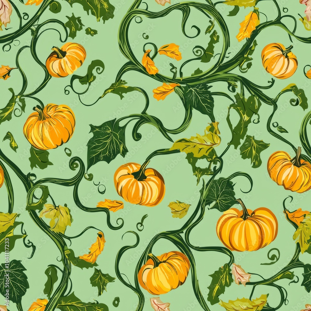 seamless pattern of whimsical pumpkin vines curling around the design seamless pattern of whimsical pumpkin vines curling around the design