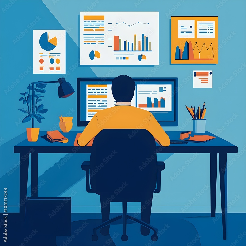 Businessman Analyzing Data on Computer at Desk with Charts and Graphs Businessman Analyzing Data on Computer at Desk with Charts and Graphs