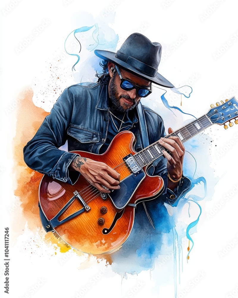 Melodic Watercolor - Captivating Musician Playing Guitar with Soft Tones Melodic Watercolor - Captivating Musician Playing Guitar with Soft Tones