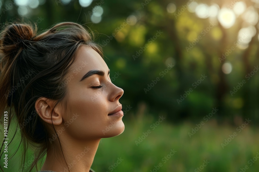 Young woman enjoying a moment of tranquility while taking a deep breath in a lush green forest during golden hour Young woman enjoying a moment of tranquility while taking a deep breath in a lush green forest during golden hour