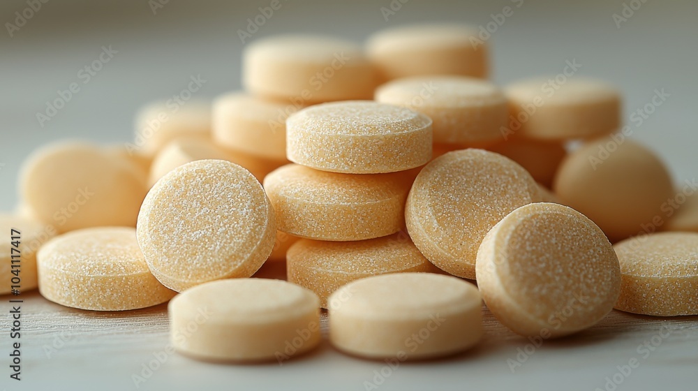 A close-up view of stacked orange tablets on a wooden surface with natural lighting highlighting their texture and color A close-up view of stacked orange tablets on a wooden surface with natural lighting highlighting their texture and color