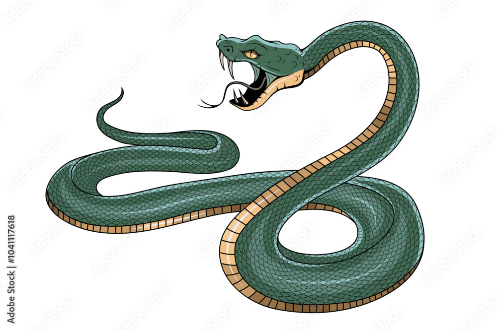 Obraz premium Snake illustration. Tattoo elements of snake skin. Vector illustration sketch of a traditional Chinese mythical animal. Green snake