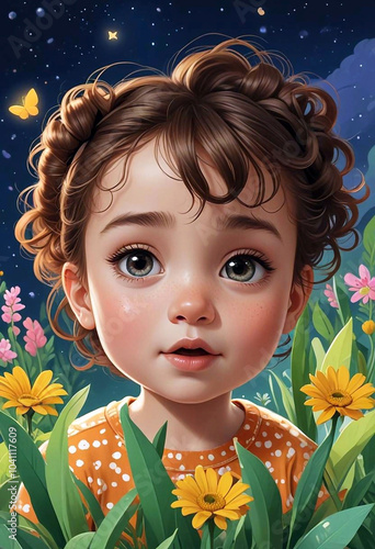 Cartoon girl close up surrounded by nature