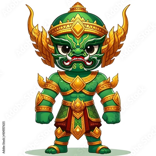 Giant, Demon, Fierce green warrior wearing a traditional demon mask, wearing golden armor, and the character represents strength and determination, and looks mysterious.
The fierce green warrior weari photo