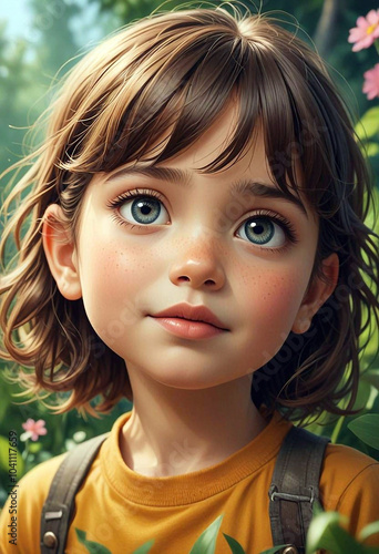 Cartoon girl close up surrounded by nature