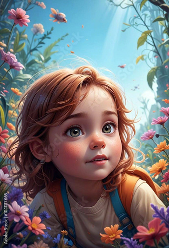 Cartoon girl close up surrounded by nature