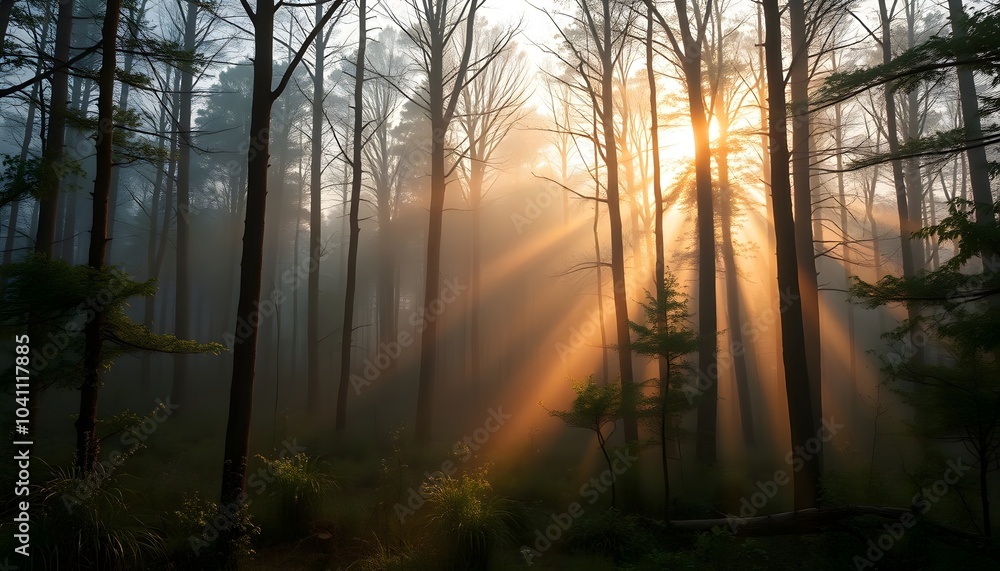morning mist in the forest, peaceful forest with mist rising at dawn, golden sunlight filtering through the trees morning mist in the forest, peaceful forest with mist rising at dawn, golden sunlight filtering through the trees