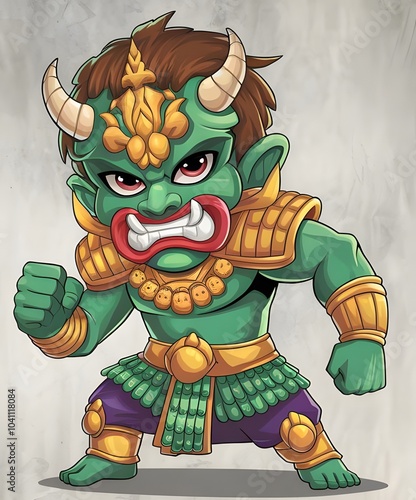 Giant, Demon, Fierce green warrior wearing a traditional demon mask, wearing golden armor, and the character represents strength and determination, and looks mysterious.
The fierce green warrior weari photo