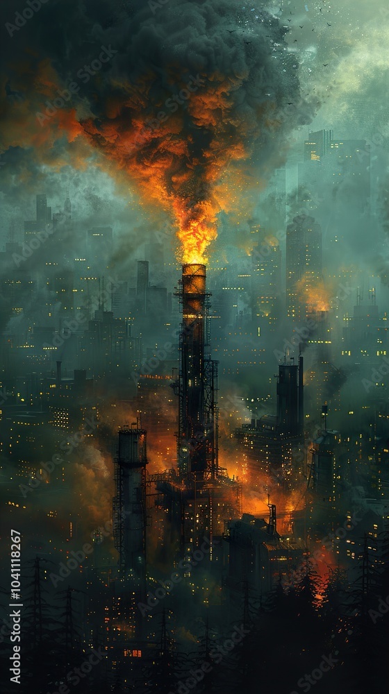 Fototapeta premium Smog and Fire: A City Under Industrial Gloom
