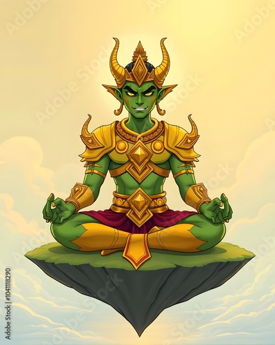 Giant, Demon, Fierce green warrior wearing a traditional demon mask, wearing golden armor, and the character represents strength and determination, and looks mysterious.
The fierce green warrior weari photo