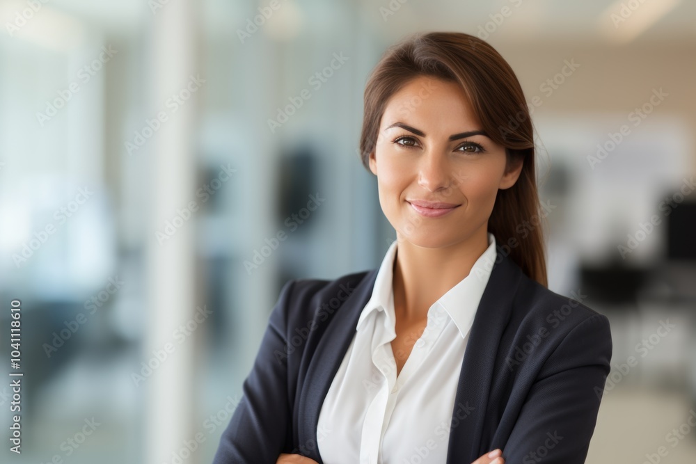 Professional female manager with a warm smile stands confidently in a modern office during a sunny workday Professional female manager with a warm smile stands confidently in a modern office during a sunny workday